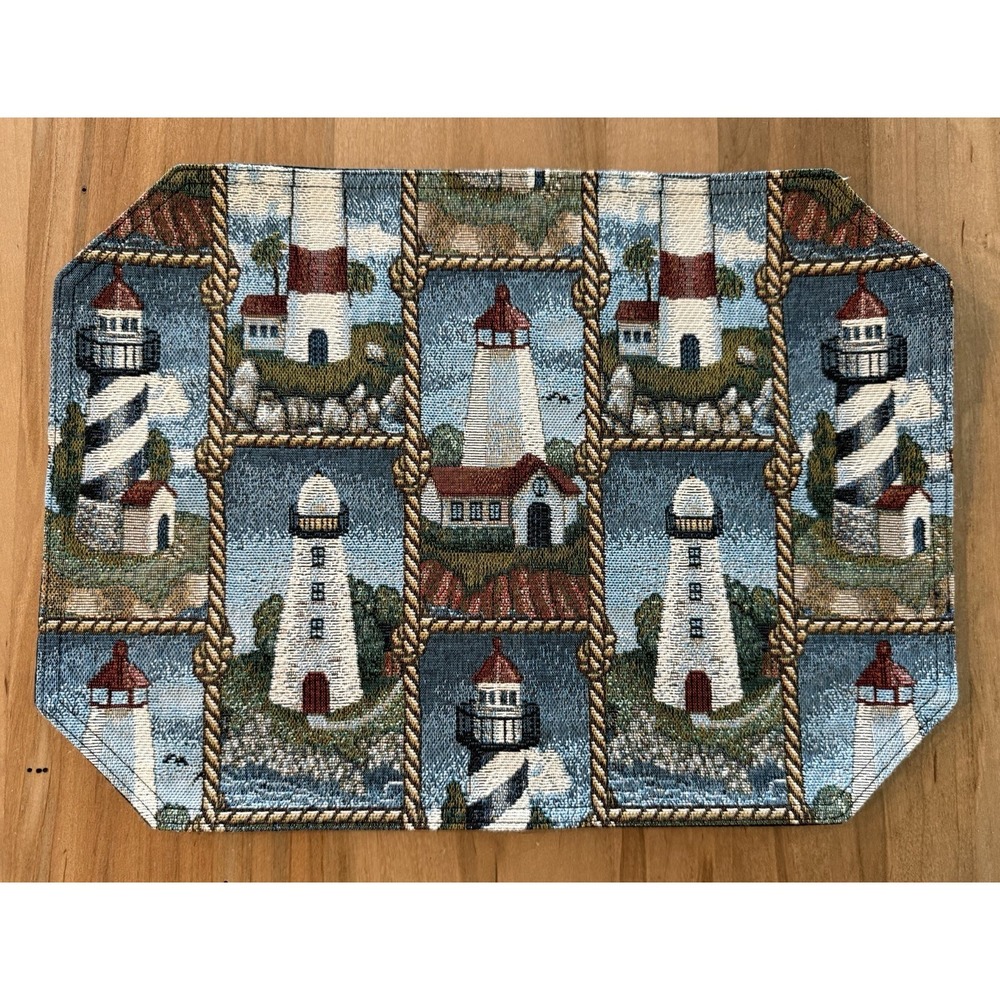6 Vintage Tapestry Lighthouse‎ Nautical Placemats Ocean Beach Theme Preowned